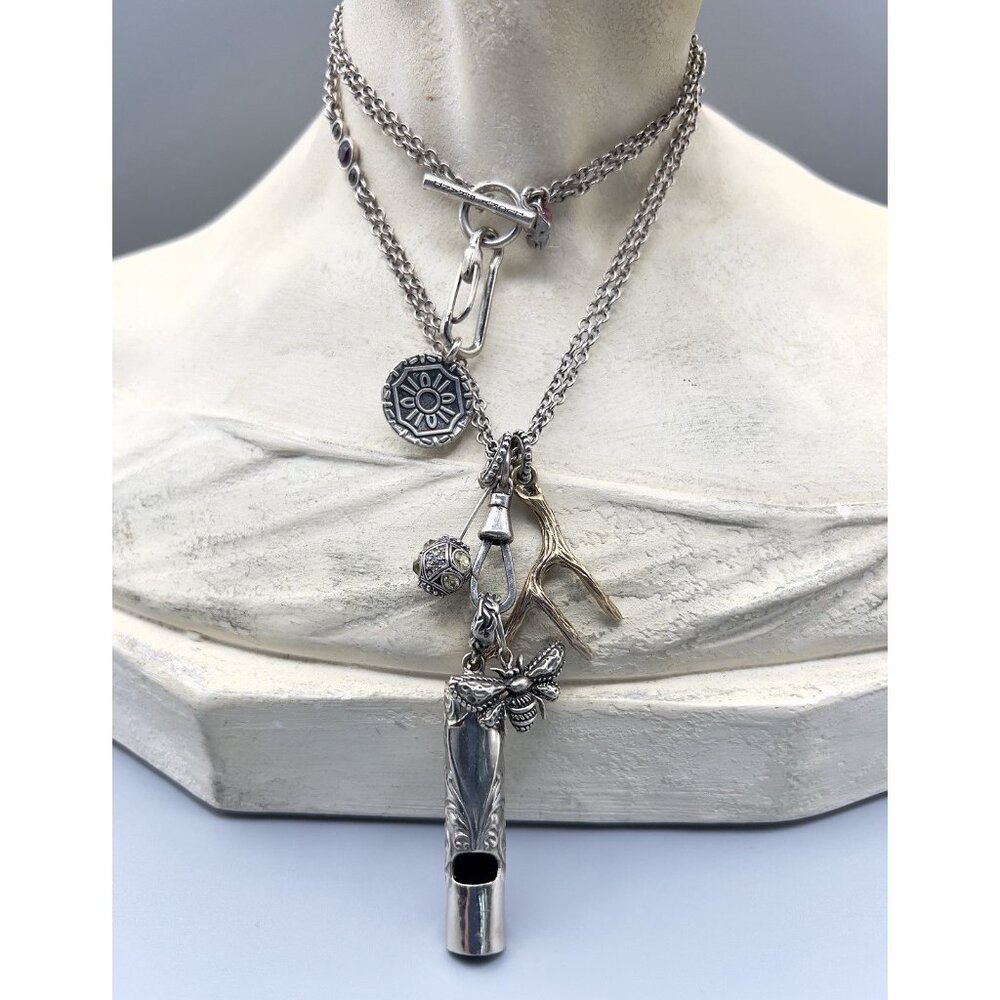 Lucky Brand Y2K Layered Charm Pendant Necklace Silver Tone Antler Bee